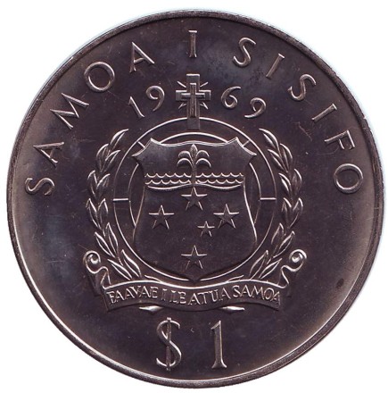 Монета 1 тала. 1969 год, Самоа. 75 лет со дня смерти Роберта Льюиса Стивенсона. Монета 1 тала. 1969 год, Самоа. 75 лет со дня смерти Роберта Льюиса Стивенсона.