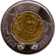 Монета 2 доллара. 2015 год, Канада. 200 лет со дня рождения Джона Макдональда. Из обращения.