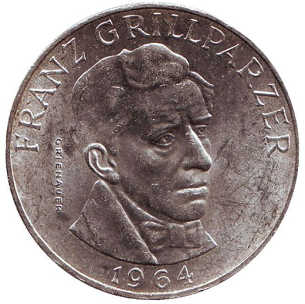 Монета 25 шиллингов. 1964 год, Австрия. Франц Грильпарцер.