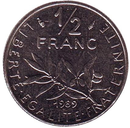Монета 1/2 франка. 1989 год, Франция.