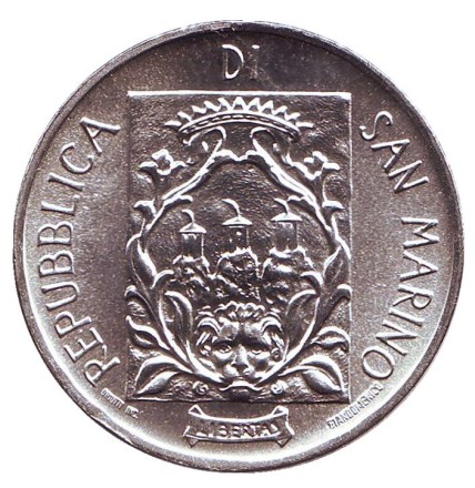 Монета 1000 лир. 1988 год, Сан-Марино. Фортификация. Первая башня. Гуаита.