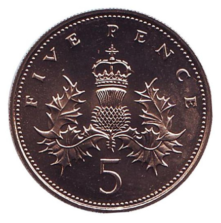 Монета 5 пенсов. 1982 год, Великобритания. BU.