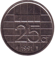 Монета 25 центов. 1991 год, Нидерланды. Монета 25 центов. 1991 год, Нидерланды.