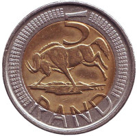 Антилопа гну. Монета 5 рандов. 2008 год, ЮАР.
