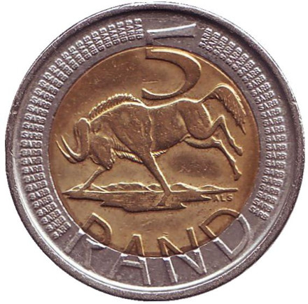 Монета 5 рандов. 2008 год, ЮАР. Антилопа гну.