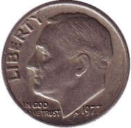 Монета 10 центов. 1977 (P) год, США. Рузвельт. Монета 10 центов. 1977 (P) год, США. Рузвельт.