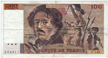 Банкнота 100 франков. 1990 год, Франция. Эжен Делакруа.