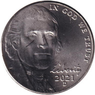 Монета 5 центов. 2021 год (D), США. Монтичелло. Монета 5 центов. 2021 год (D), США. Монтичелло.