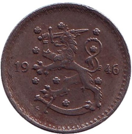 Монета 1 марка. 1946 год, Финляндия. 
