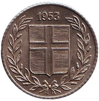 Монета 10 аураров. 1953 год, Исландия. Монета 10 аураров. 1953 год, Исландия.