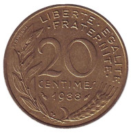 Монета 20 сантимов. 1988 год, Франция. Монета 20 сантимов. 1988 год, Франция.