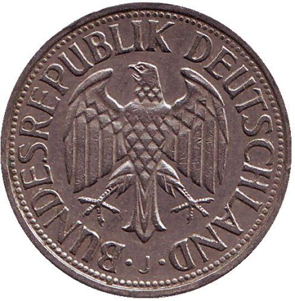 Монета 1 марка. 1959 год (J), ФРГ. Монета 1 марка. 1959 год (J), ФРГ.