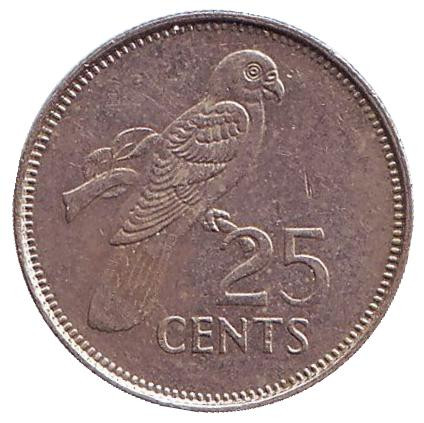 Монета 25 центов. 1992 год, Сейшельские острова. Попугай.