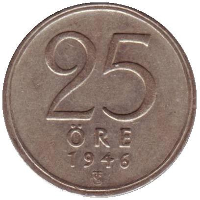 Монета 25 эре. 1946 год, Швеция.