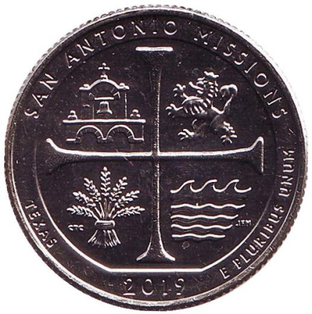 Монета 25 центов (P). 2019 год, США. Национальный Исторический Парк Миссии Сан-Антонио. Парк № 49.