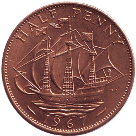 Монета 1/2 пенни. 1967 год, Великобритания. aUNC. "Золотая лань".
