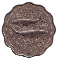 Монета 10 центов, 1966 год, Багамские острова. Рыбы. Монета 10 центов, 1966 год, Багамские острова. Рыбы.