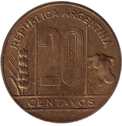 Монета 20 сентаво. 1950 год, Аргентина. (Старый тип)
