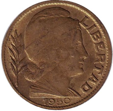 Монета 20 сентаво. 1950 год, Аргентина. (Старый тип)