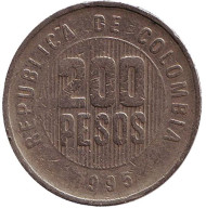 Монета 200 песо. 1995 год, Колумбия. Монета 200 песо. 1995 год, Колумбия.