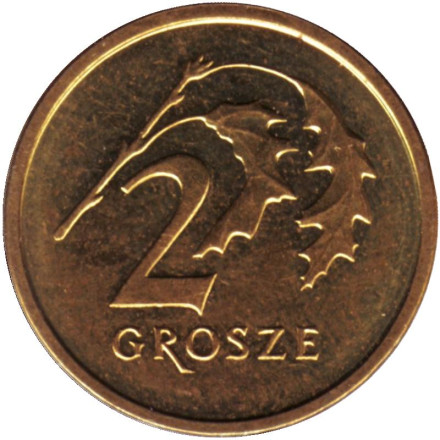Монета 2 гроша, 2019 год, Польша. Дубовые листья.