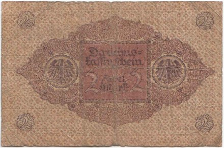 Банкнота 2 марки. 1920 год, Веймарская республика. Изображение - коричневый, печать - красный цвет. 3 и 6 цифр в нумераторе.