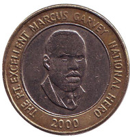 Монета 20 долларов. 2000 год, Ямайка. Маркус Гарви - национальный герой. Монета 20 долларов. 2000 год, Ямайка. Маркус Гарви - национальный герой.