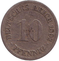 Монета 10 пфеннигов. 1892 год (F), Германская империя. Монета 10 пфеннигов. 1892 год (F), Германская империя.