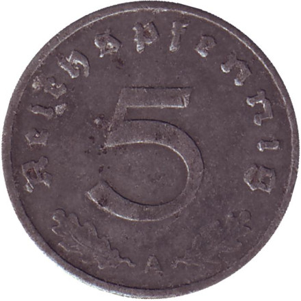 Монета 5 рейхспфеннигов. 1944 год (А), Третий Рейх (Германия).