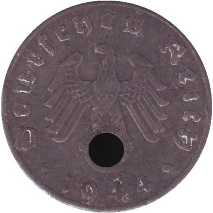 Монета 5 рейхспфеннигов. 1944 год, Германия (Третий Рейх). (А). Монета 5 рейхспфеннигов. 1944 год, Германия (Третий Рейх). (А).