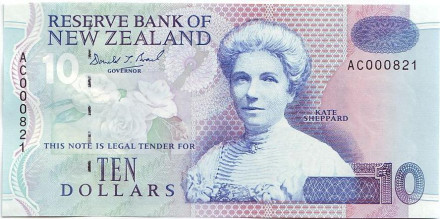 Банкнота 10 долларов. 1992-1997 гг., Новая Зеландия. Кейт Шеппард.