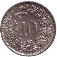 Монета 10 раппенов. 1969 год, Швейцария. Монета 10 раппенов. 1969 год, Швейцария.