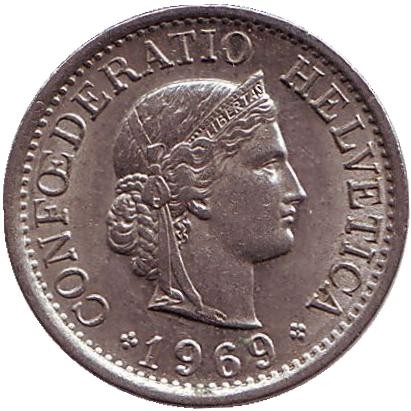 Монета 10 раппенов. 1969 год, Швейцария. Монета 10 раппенов. 1969 год, Швейцария.