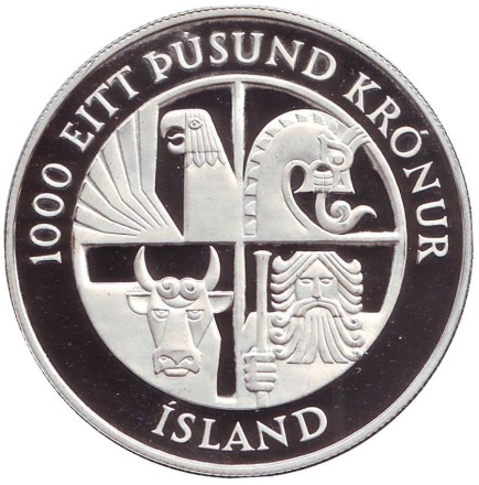 Монета 1000 крон. 1974 год, Исландия. 1100 лет первым поселенцам. (Пруф).