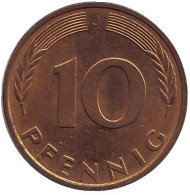 Монета 10 пфеннигов. 1989 год (J), ФРГ. Дубовые листья. Монета 10 пфеннигов. 1989 год (J), ФРГ. Дубовые листья.