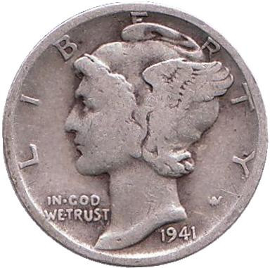 Монета 10 центов. 1941 год, США. Монетный двор D. Меркурий.