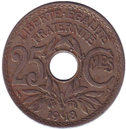 Монета 25 сантимов. 1918 год, Франция.