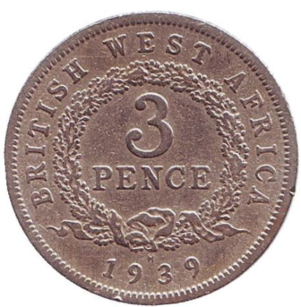Монета 3 пенса. 1939 год (H), Британская Западная Африка.