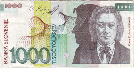 Банкнота 1000 толаров. 2005 год, Словения. Франце Прешерн.