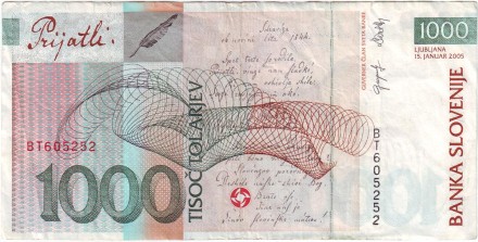 Банкнота 1000 толаров. 2005 год, Словения. Франце Прешерн.