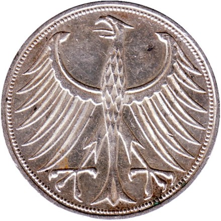 Монета 5 марок. 1967 год (F), ФРГ.