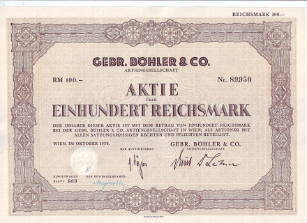 Акционерное общество "Gebr. Bohler & Co". Акция 100 рейхсмарок. Вена, 1939 год, Третий рейх.