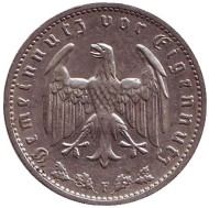 Монета 1 рейхсмарка. 1937 год, Германия (Третий Рейх). (F). Монета 1 рейхсмарка. 1937 год, Германия (Третий Рейх). (F).