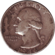 Монета 25 центов. 1946 год, США. (Без отметки монетного двора). Вашингтон. Монета 25 центов. 1946 год, США. (Без отметки монетного двора). Вашингтон.