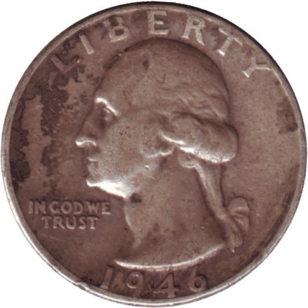 Монета 25 центов. 1946 год, США. (Без отметки монетного двора). Вашингтон.