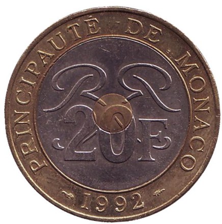 Монета 20 франков. 1992 год, Монако. Княжеский дворец. Монета 20 франков. 1992 год, Монако. Княжеский дворец.