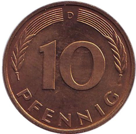 Монета 10 пфеннигов. 1984 год (D), ФРГ. Дубовые листья.