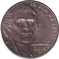 Монета 5 центов. 2015 год (P), США. Монтичелло. Монета 5 центов. 2015 год (P), США. Монтичелло.