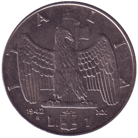 Монета 1 лира. 1942 год, Италия. Орёл.