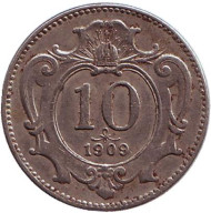 Монета 10 геллеров. 1909 год, Австро-Венгерская империя. Монета 10 геллеров. 1909 год, Австро-Венгерская империя.